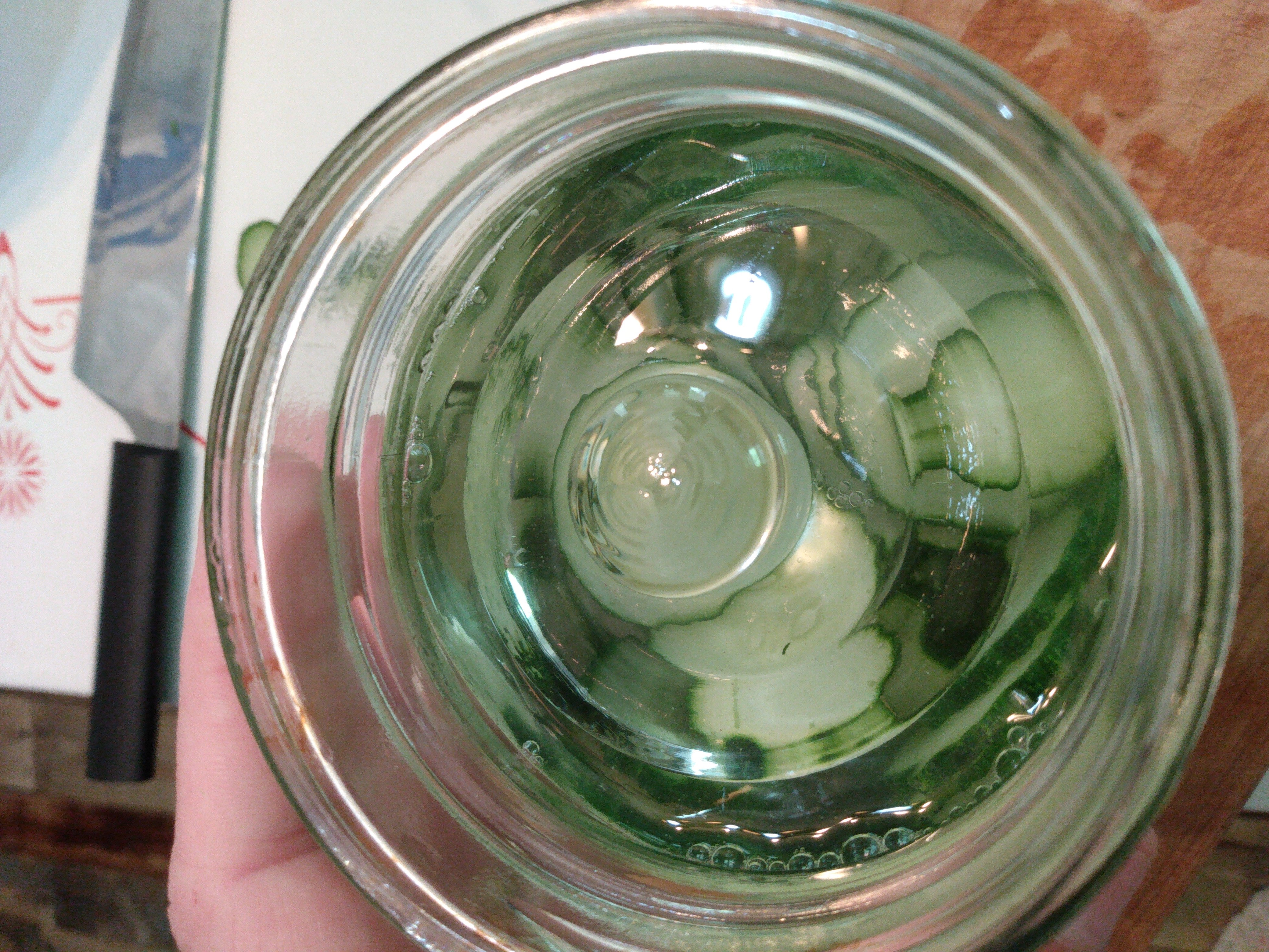 A glass fermentation weight on top of pickles in salt water.