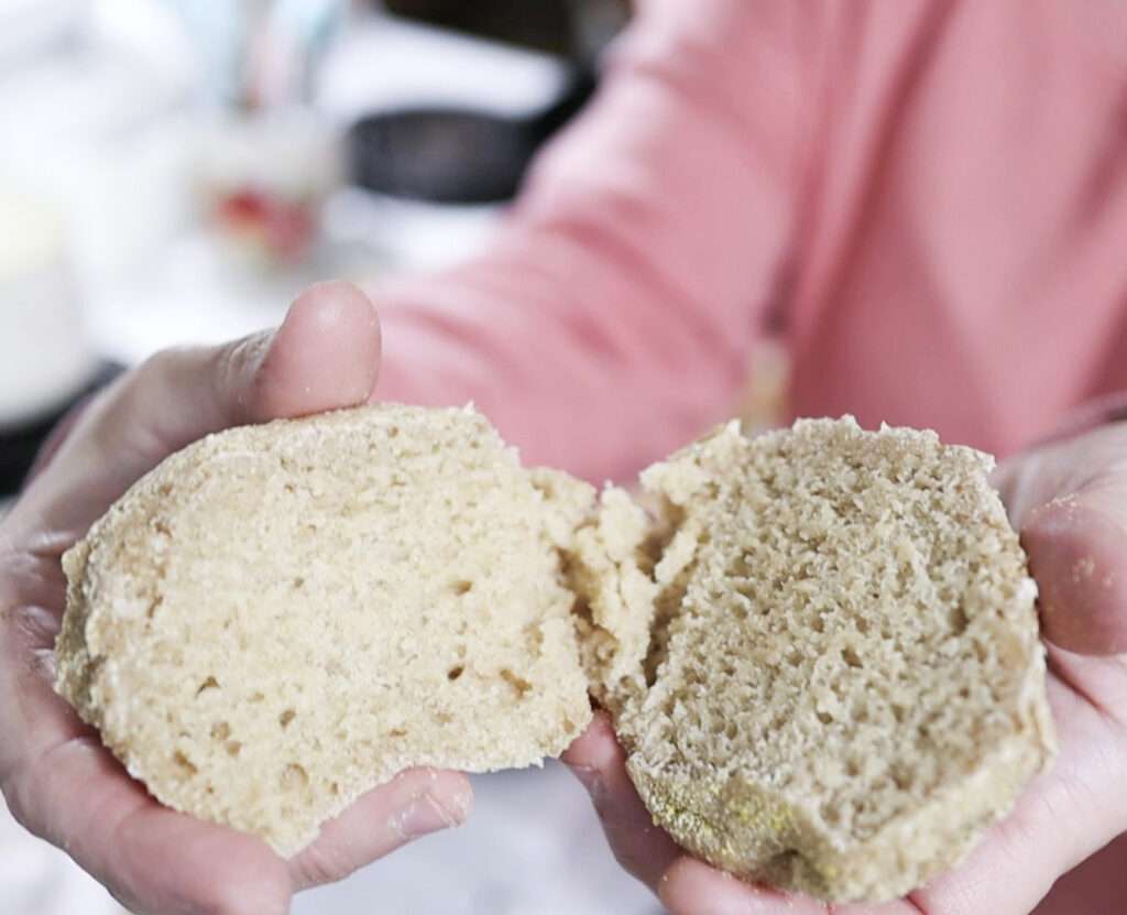 close up of a sourdough english muffin crumb