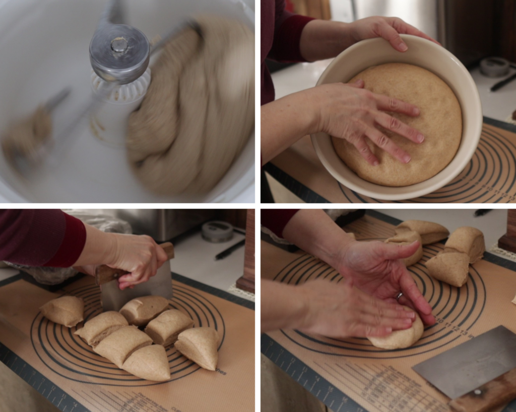 4 photo collage of making fresh milled hamburger buns. 1. dough in stand mixer kneading, 2. dough risen in cream colored bowl with a hand over it, 3. dividing the dough to shape on a silicone mat with a dough scraper, 4. a hand shaping a piece of the dough.