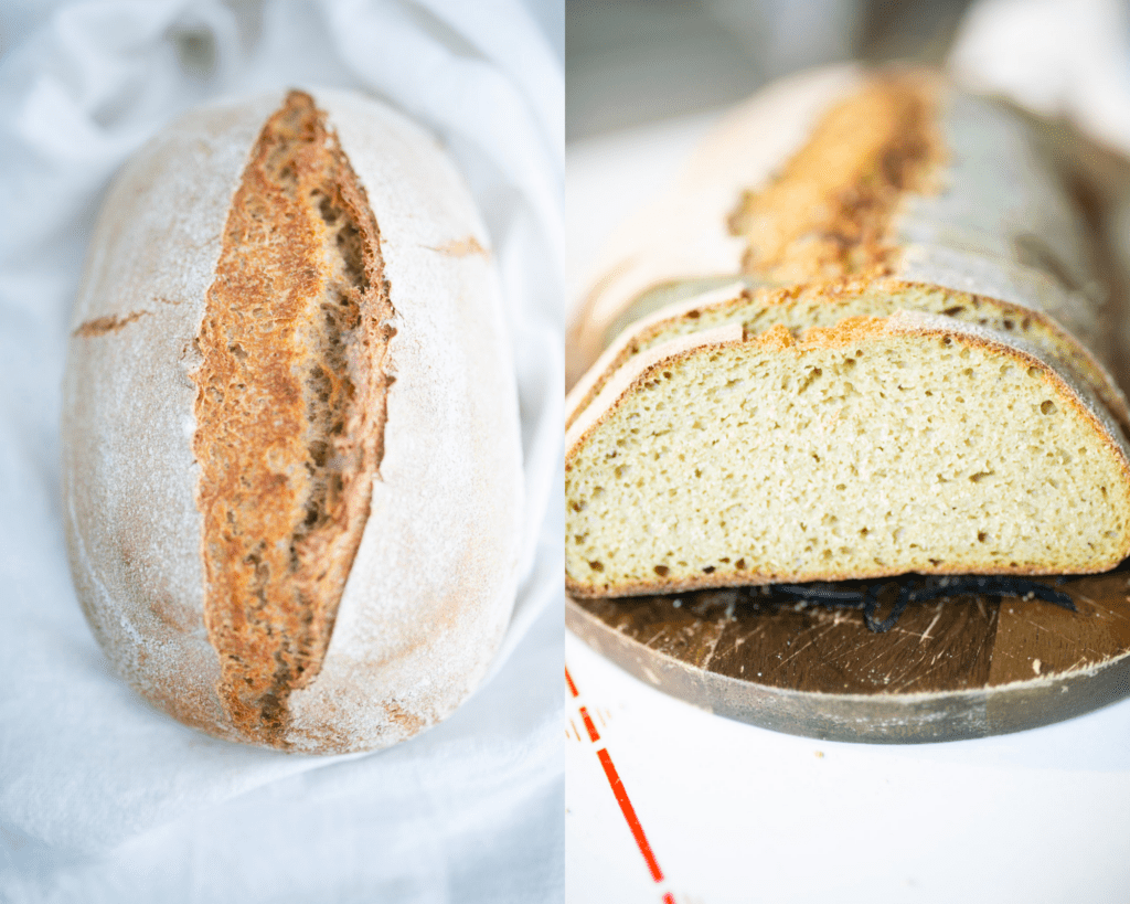 2 photos of fresh milled easiest sourdough bread. 1st is full loaf, 2nd is sliced loaf.