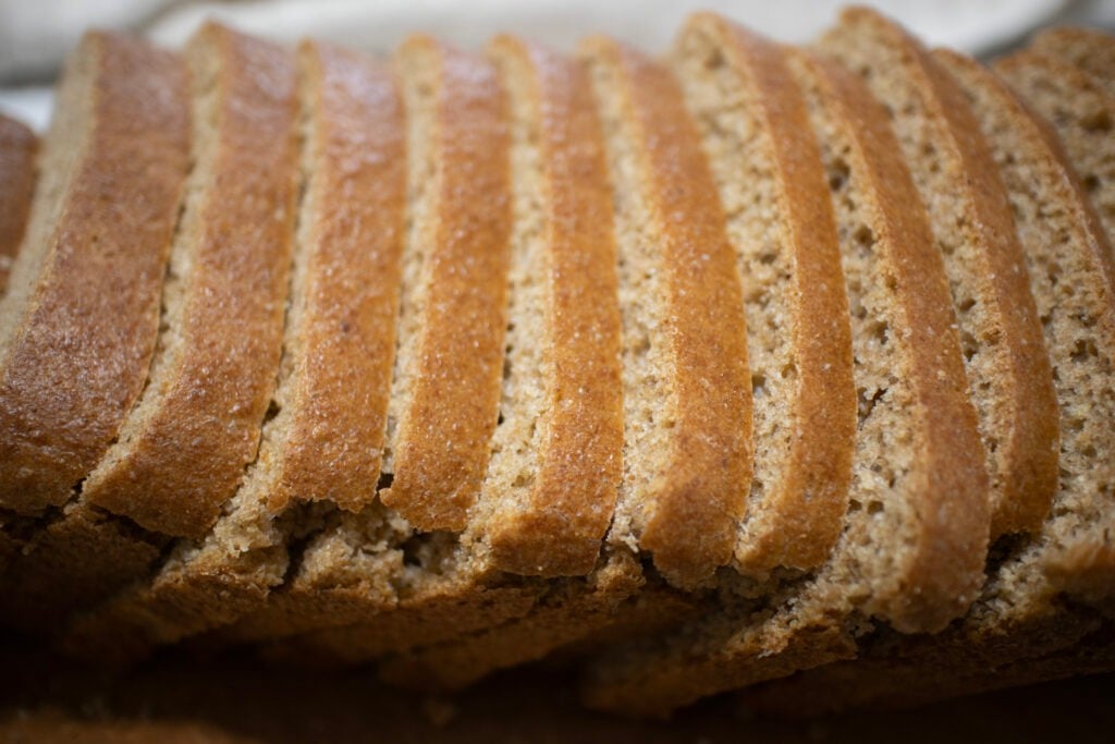 Overhead view of sliced loaf of bread