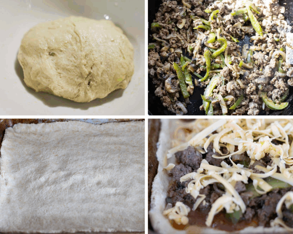 This is a 4 photo collage for making sourdough taco pizza. 1. sourdough pizza dough in a bowl, 2. taco toppings in a frying pan, 3. pizza crust pressed into a pan, 4. the uncooked pizza ready for the oven topped with cheese.