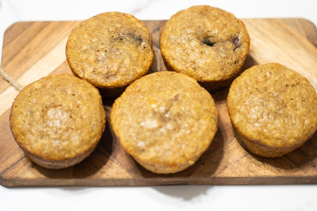 berry muffins on cutting board overhead shot