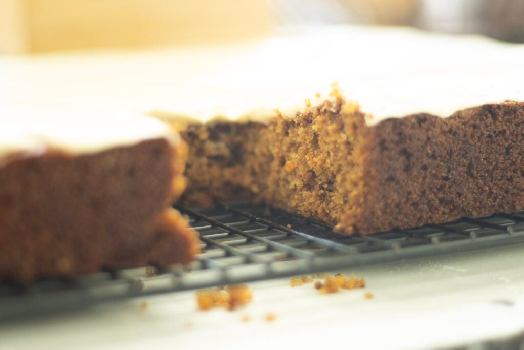 carrot cake with one piece cut out