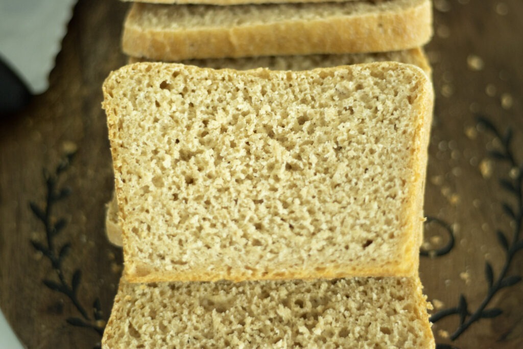 A slice of bread showing the crumb