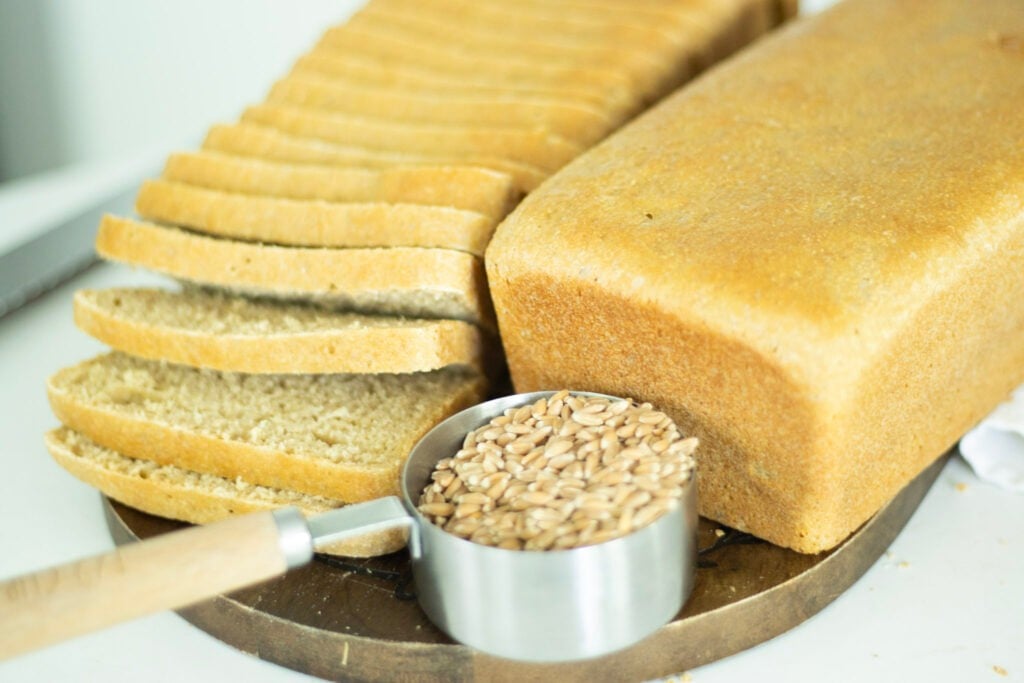 2 loaves of bread, one sliced with a cup of wheat berries in the foreground.