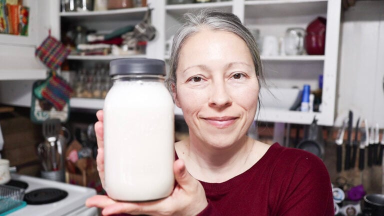 Mary with jar of almond milk
