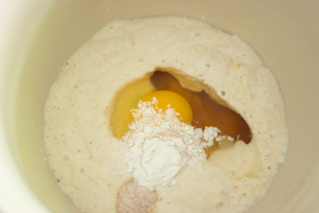 bowl with starter, egg, baking powder, honey, and salt in it.