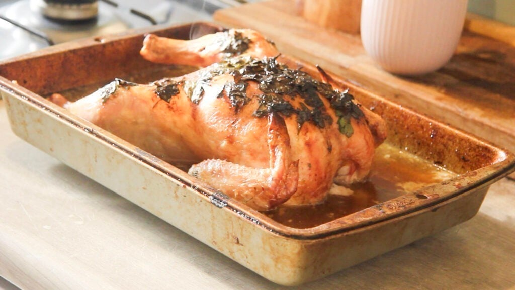 a whole roasted chicken still in the baking dish