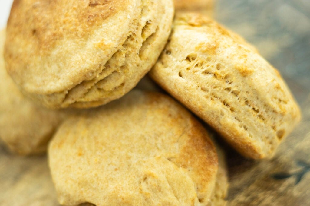 sourdough cat head biscuits leaning against each other