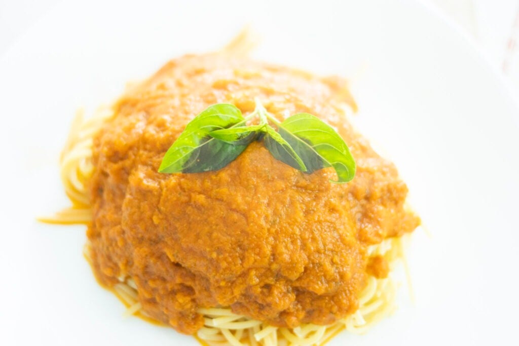 spaghetti noodles with roasted tomato sauce over them and a sprig of fresh basil on top