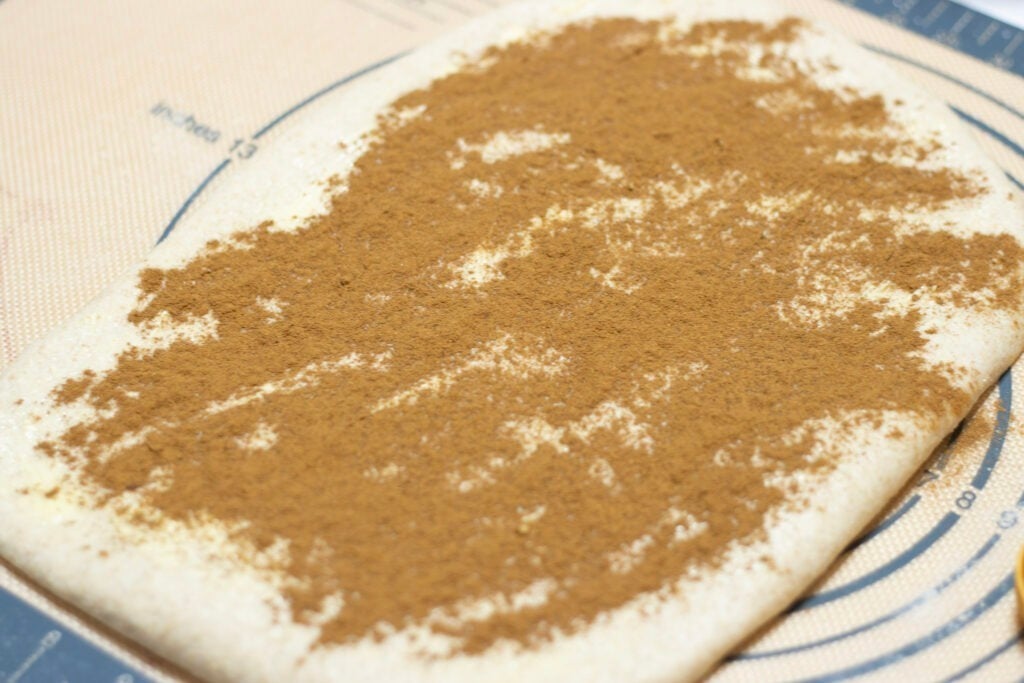 sourdough cinnamon swirl bread dough rolled out and cinnamon sprinkled evenly all over