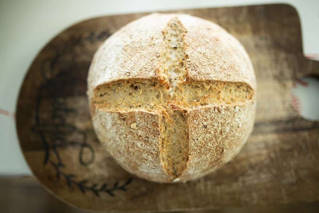 picture from above of a sourdough multigrain loaf