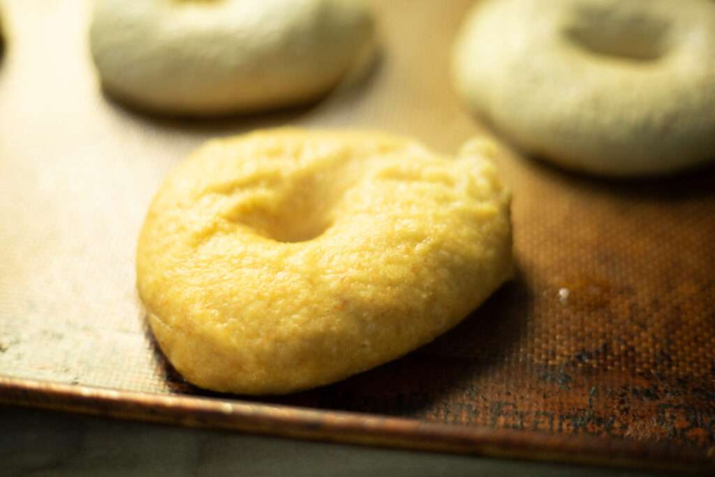 sourdough pumpkin bagel that has been boiled and ready to bake
