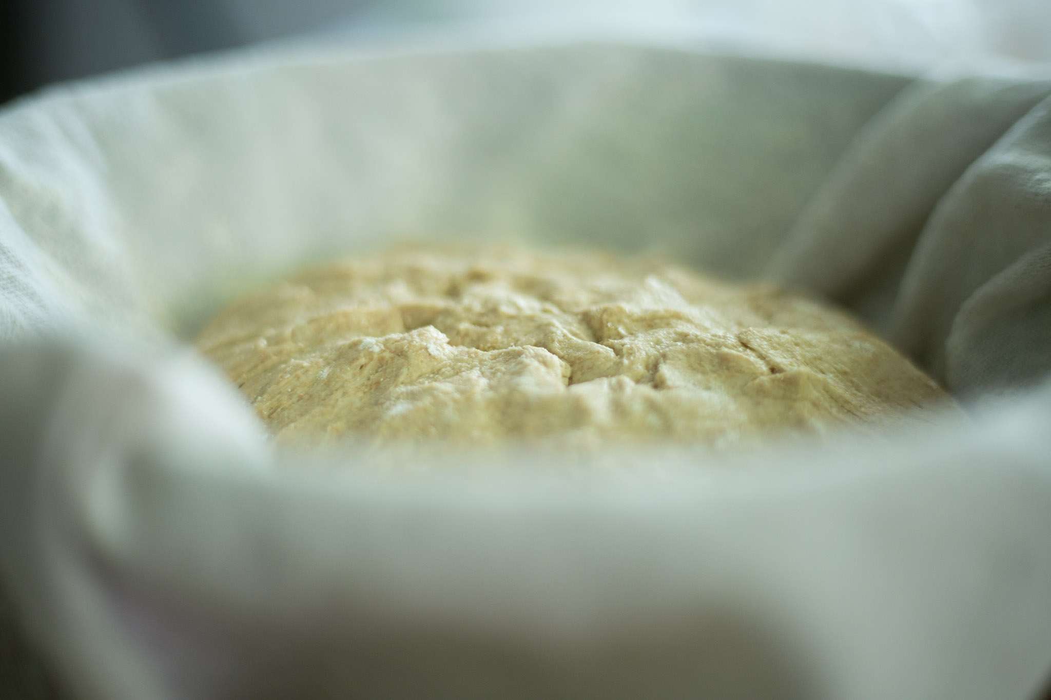 side view of sourdough dough in banneton basket