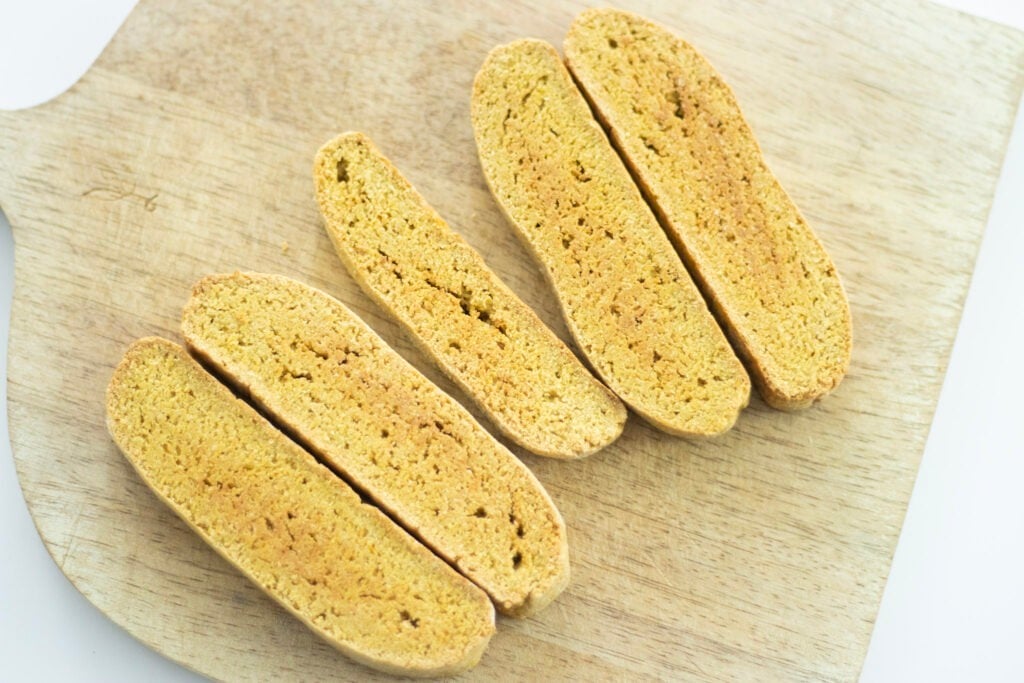 overhead shot of sourdough pumpkin biscotti on cutting board