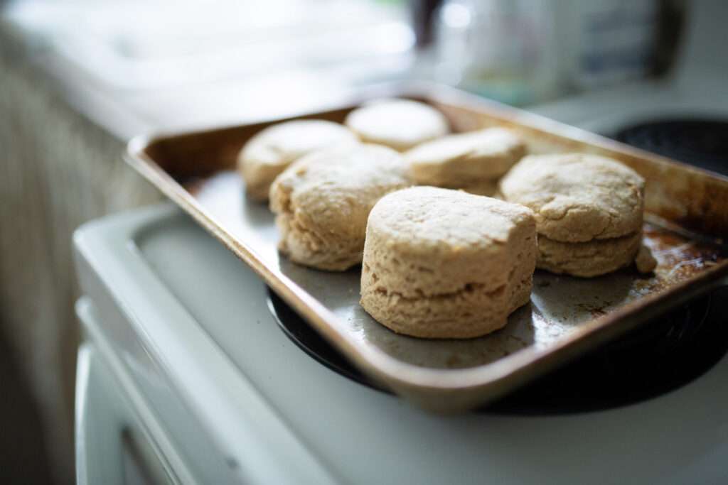 fresh milled biscuits just out of oven on a baking sheet