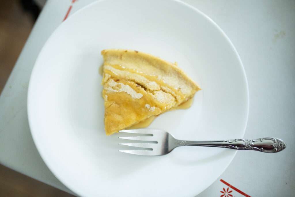 overhead shot of a slice of sourdough german pancake