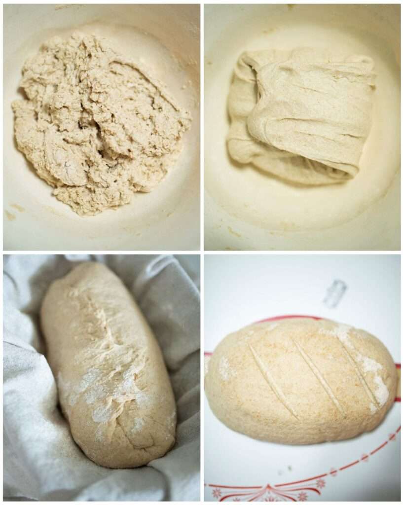 Photo collage of beginner fresh milled sourdough bread in progress.