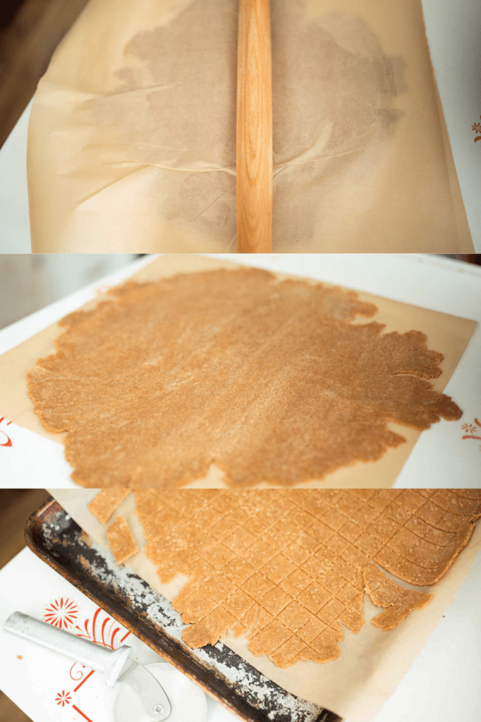 a photo collage of 3 in progress shots of making sourdough cereal. Rolling it out and scoring it.