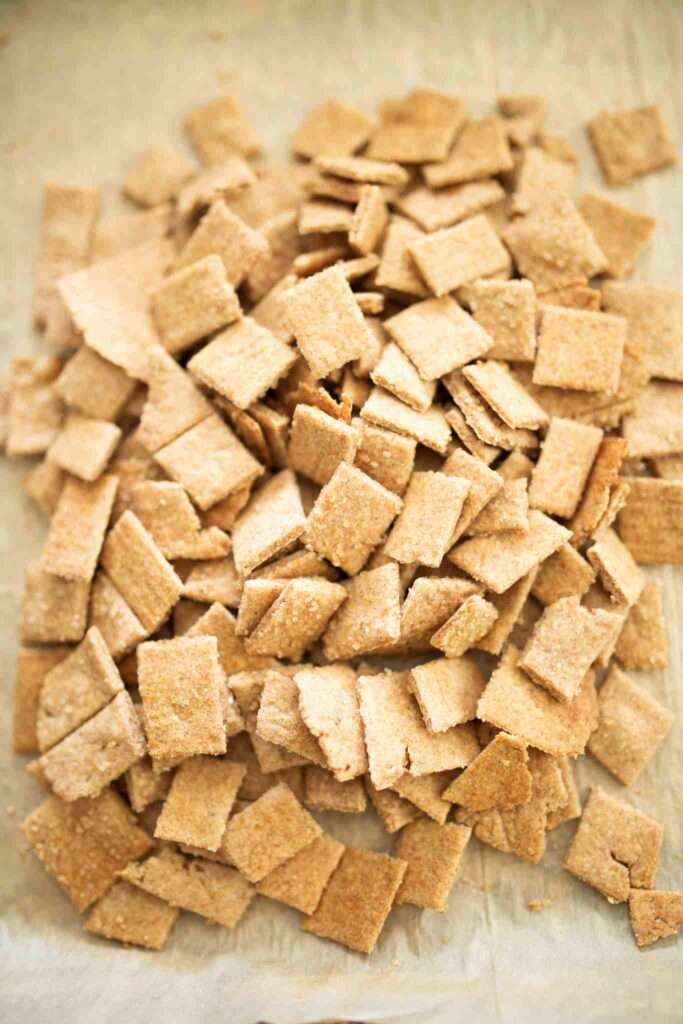 over head shot of broken apart sourdough cereal