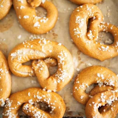 close up of fresh milled sourdough pretzels