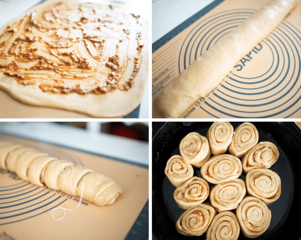 photo collage of 4 pics of progress of making sourdough pumpkin cinnamon rolls