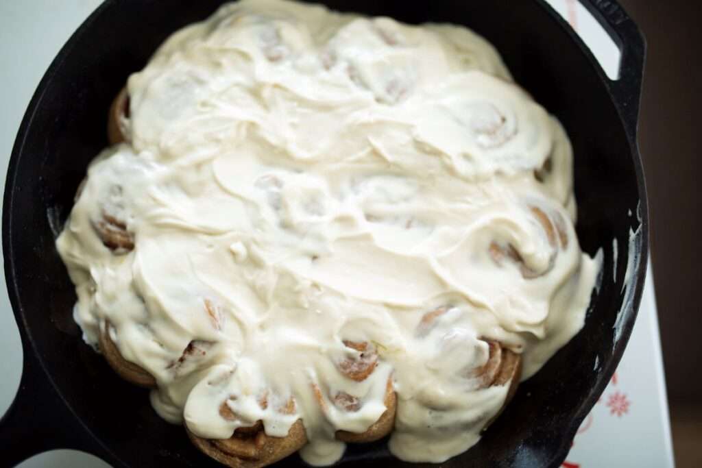 close up over head shot of sourdough pumpkin cinnamon rolls
