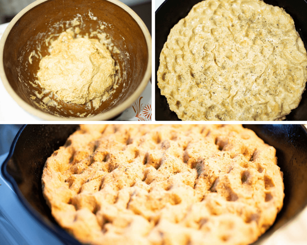 Photo collage of 3 photos in progress for making einkorn focaccia. One is dough in a bowl, the other is dough dimpled in the skillet, and the last is the focaccia just out of the oven.