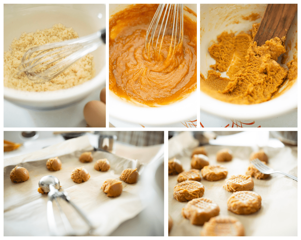 This is a photo collage of einkorn peanut butter cookies in progress. Pictures in order are sugar and oil creamed in bowl, cookie batter before adding flour, cookie batter in white bowl, scooped cookie batter on baking sheet, and cookies ready for the oven on a baking sheet.