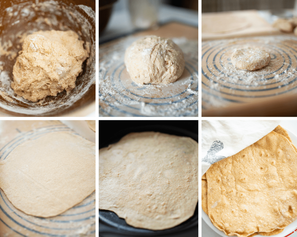 This is a photo collage of sourdough einkorn tortillas in progress. Pics in order: tortilla dough in brown bowl, tortilla dough ball on work surface, tortilla dough ball ready to be rolled out, rolled out tortilla, tortilla in pan cooking, a plate with tortillas stacked on it with a white towel above.