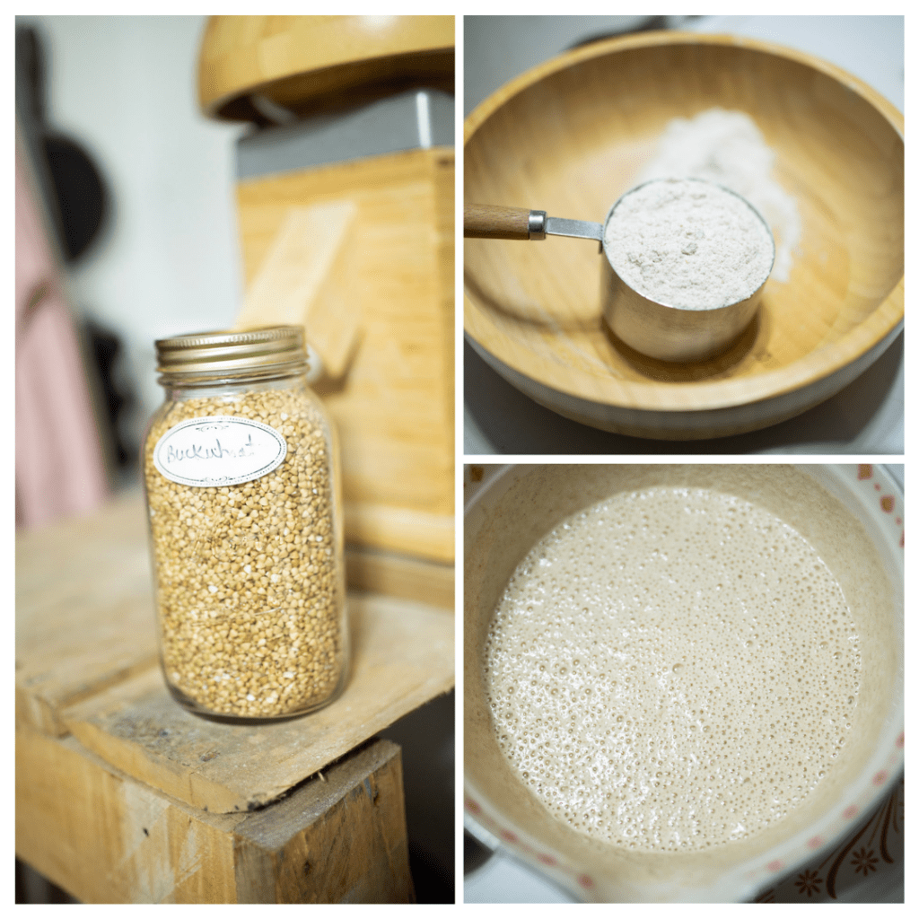 3 photo collage of buckwheat pancakes showing the grain in a mason jar, the flour, and the batter.