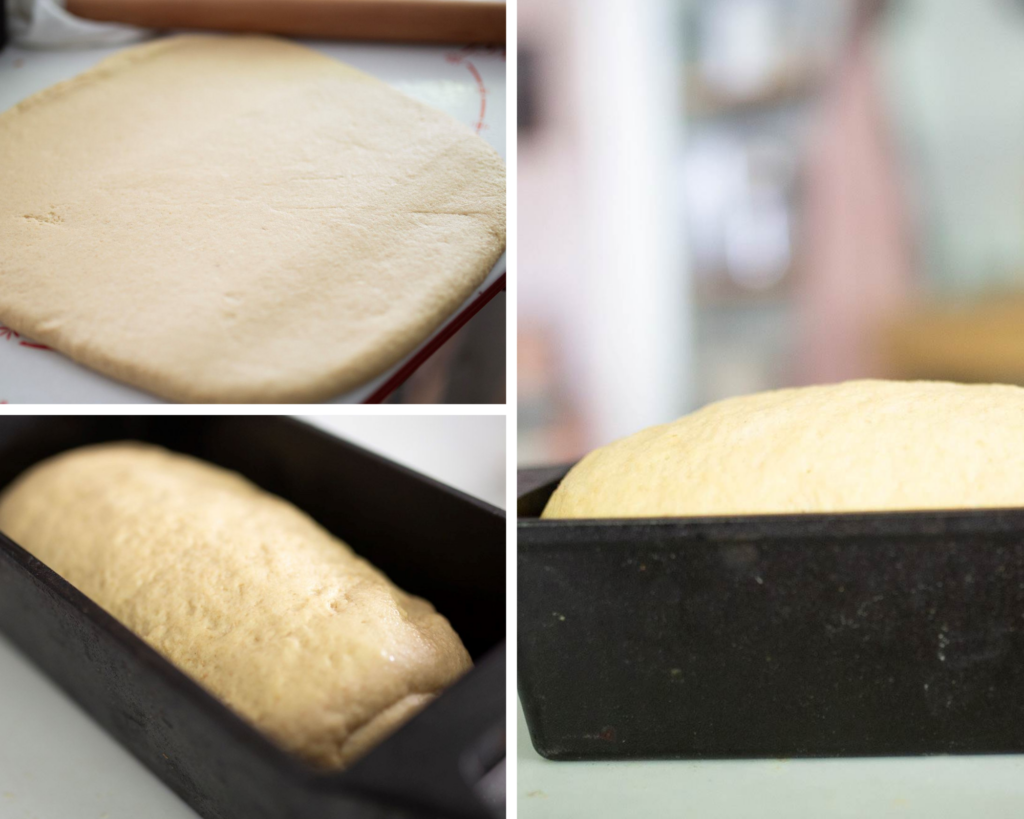 Top left photo is the khorasan bread dough rolled out into a rectangle, bottom left is the shaped dough in a loaf pan, right photo is the dough risen above the rim of the loaf pan.
