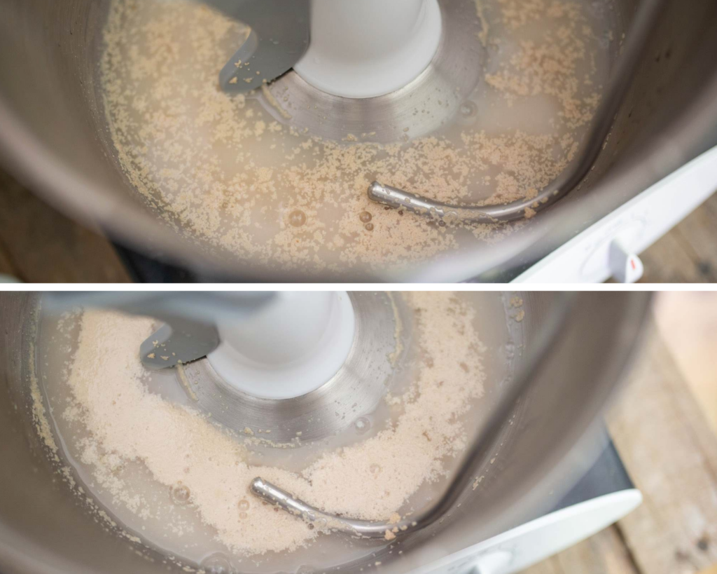 Top photo is unbloomed active dry yeast, bottom is bloomed yeast.