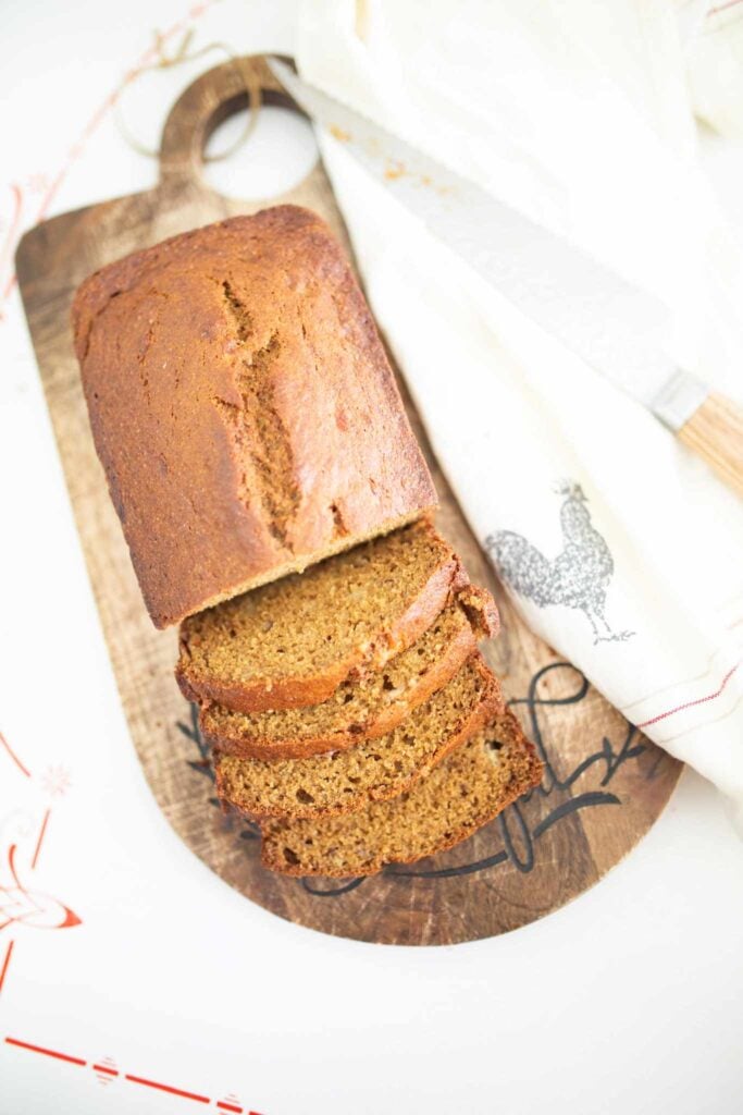Overhead photo of banana bread sliced on a cutting board.