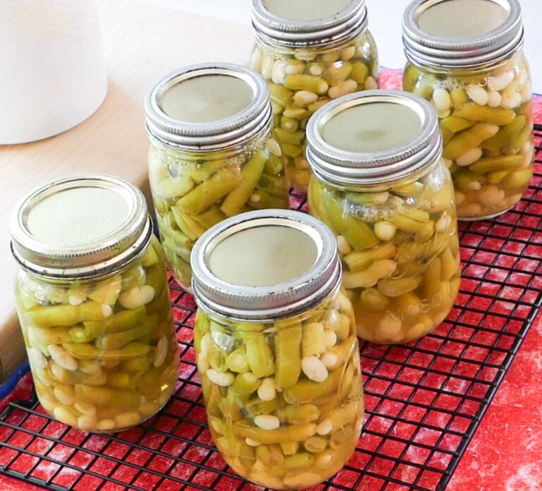 Six jars of pressure canned green beans on a cooling rack