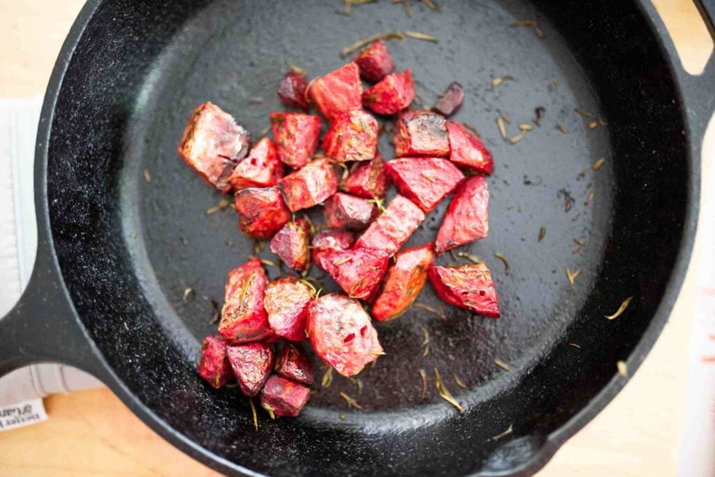 Rosemary roasted beets in cast iron pan just out of the oven.