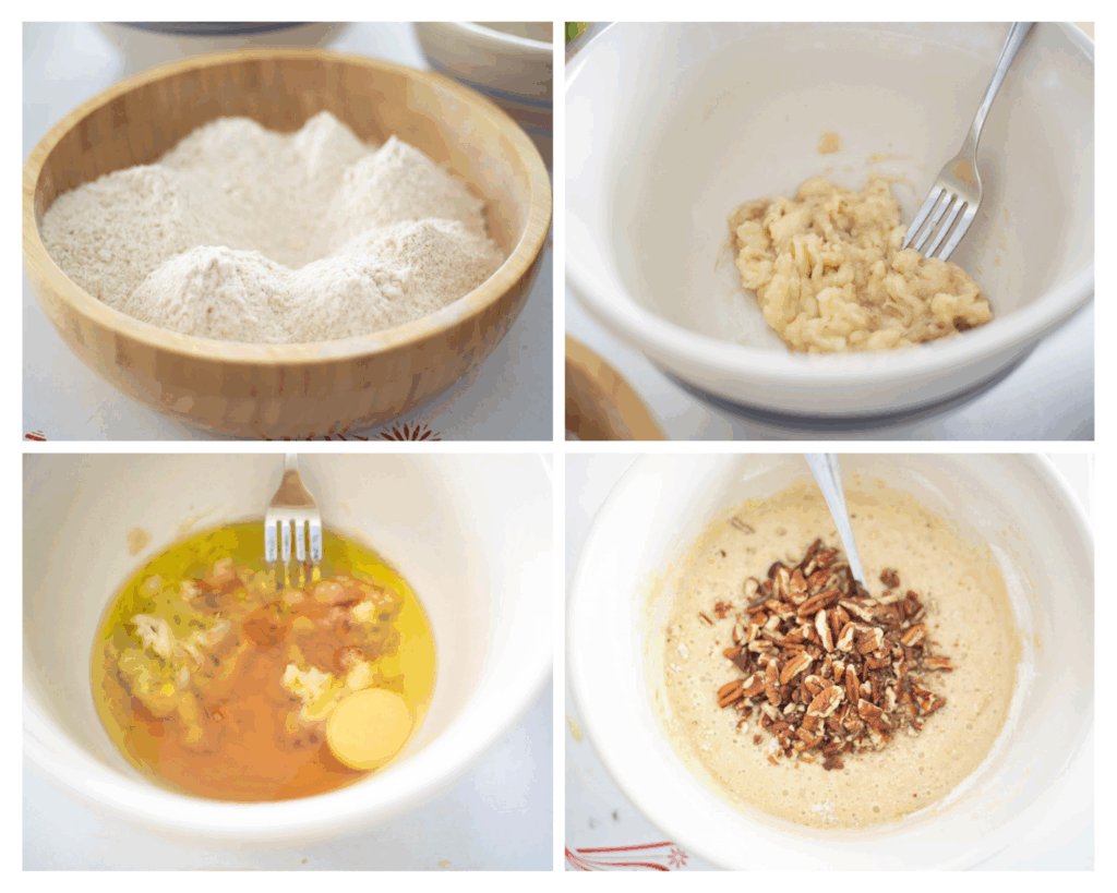 This is a 4 photo collage of fresh milled banana nut muffins in progress. 1. a wooden bowl of fresh milled flour, 2. a white bowl with a mashed banana and fork, 3. a white bowl with honey, banana, oil, and egg, 4. the batter with chopped pecans on top.