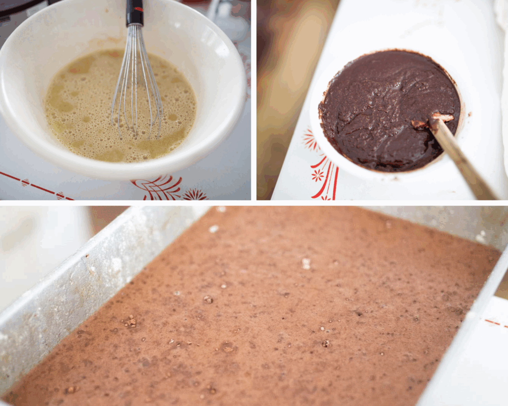 3 photo collage with the top left photo of the liquid ingredients for making fresh milled chocolate cake, the second photo is a bowl of chocolate icing, and the bottom is the cake batter in the cake pan before baking.