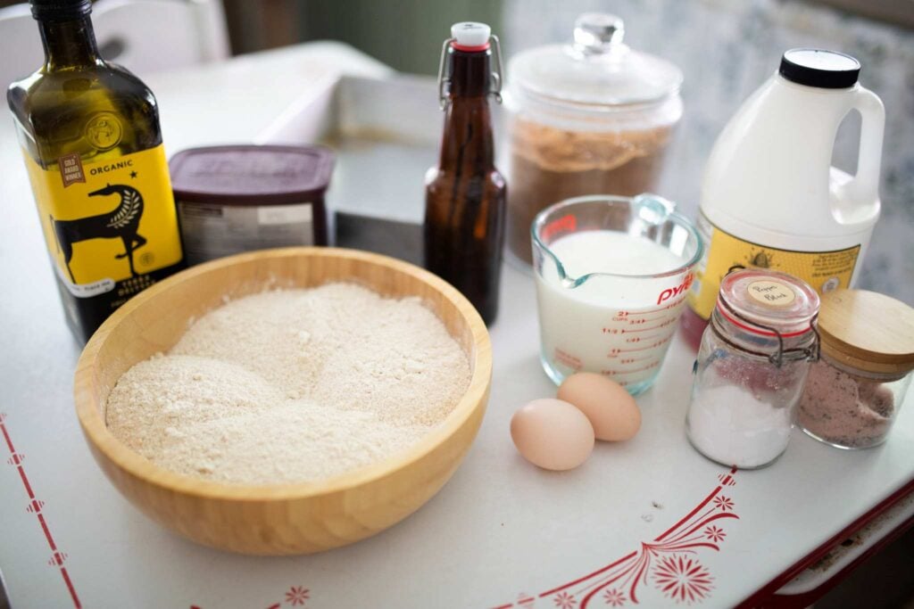 Ingredients to make a fresh milled chocolate cake.