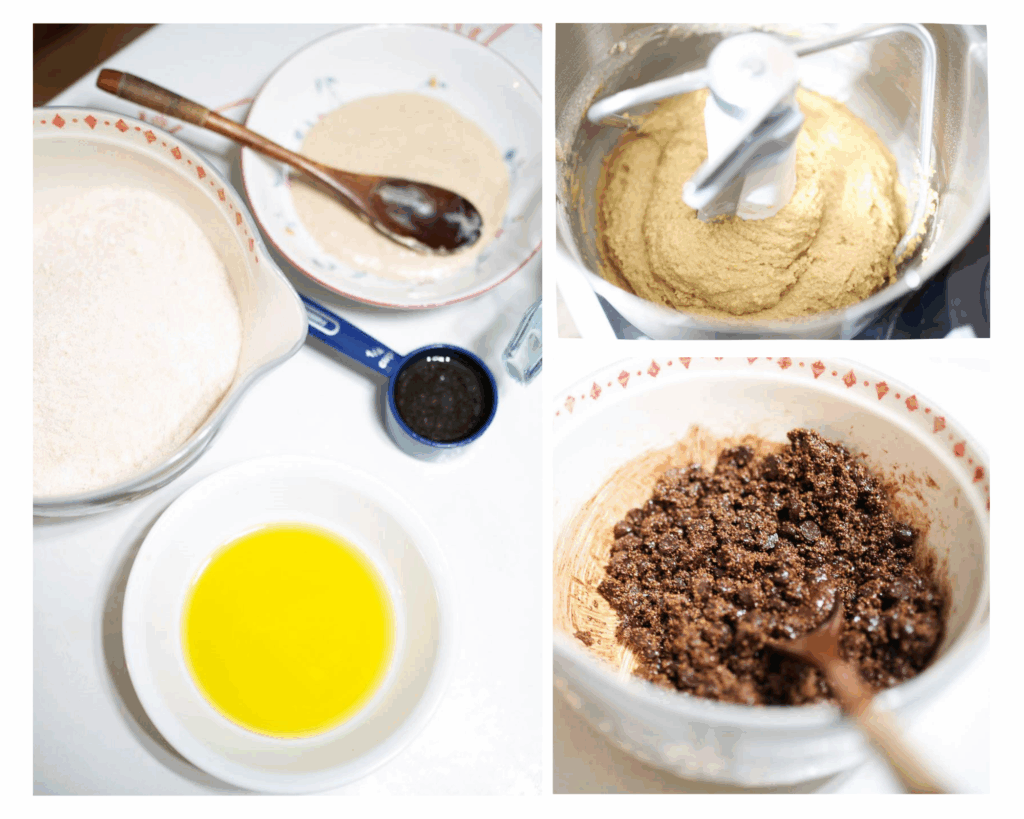 This is a 3 photo collage for making sourdough chocolate babka. 1. ingredients on a table laid out. 2. the dough in the bowl of a stand mixer. 3. a bowl of chocolate filling in a gray bowl.