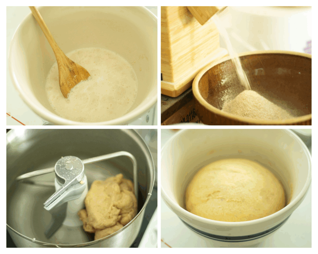 There are 4 photos in progress for fresh milled dinner rolls. 1. yeast blooming in a cream bowl, 2. flour pouring into a bowl from a wooden grain mill spout, 3. the dough in a stainless steel bowl of a stand mixer, 4. risen dough in a white bowl.