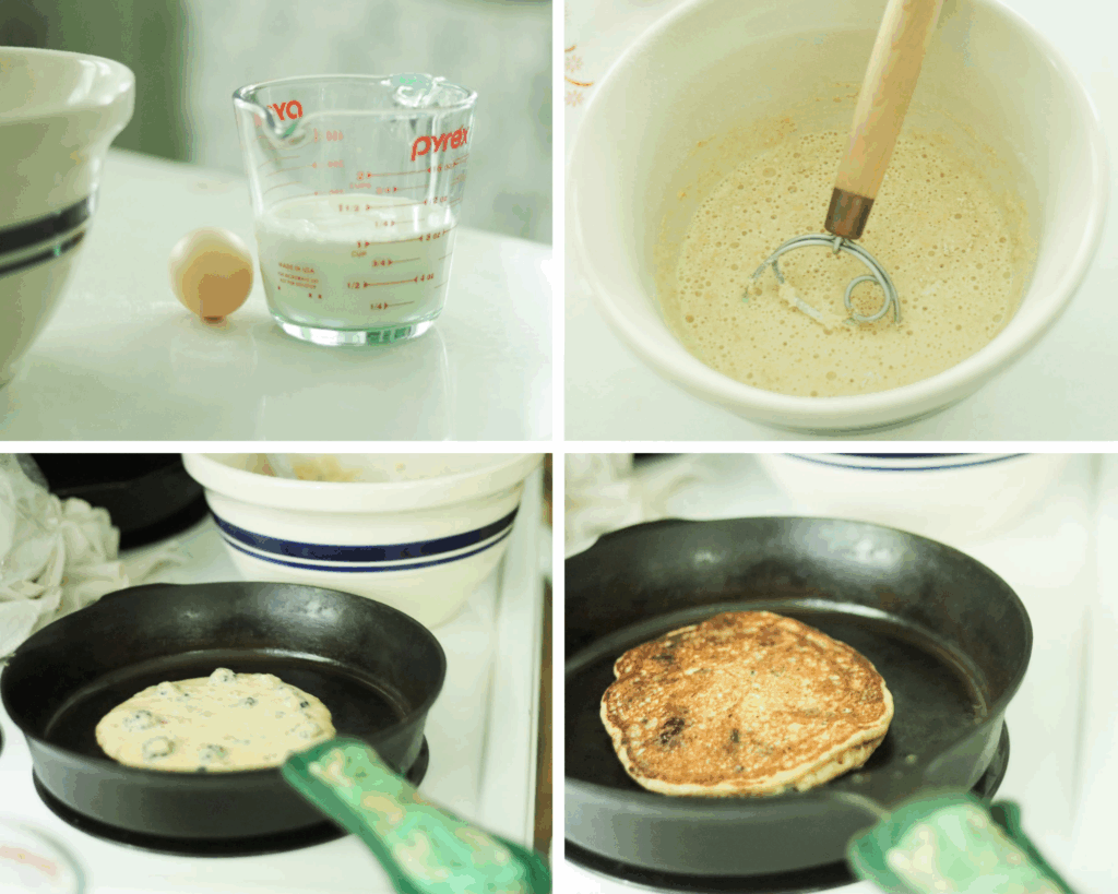 4 photo collage for Einkorn pancakes in progress. 1. milk in a glass measuring cup with an egg to the side, 2. the pancake batter in a white bowl, 3. pancake batter in a cast iron skillet with blackberries on top, 4. the pancake in the skillet after being flipped. It is golden brown.