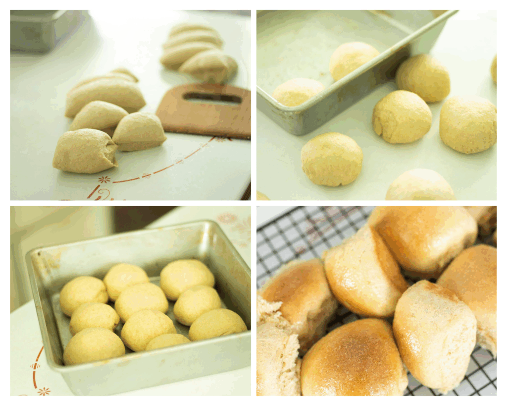 4 photos for the shaping process of making fresh milled dinner rolls. 1. the dough divided on the table with a wood dough scraper in the midst, 2. shaped rolls with a few in a metal baking dish, 3. the baking dish full of shaped rolls, 4. golden brown rolls on a cooling rack.
