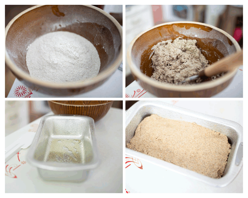 This is a 4 photo collage of rye sandwich bread in progress. 1. rye flour in a brown bowl, 2. rye sandwich bread dough in a brown bowl, 3. a loaf pan that has been greased and a brown bowl behind it, 4. the rye sandwich bread dough is in the bread pan.