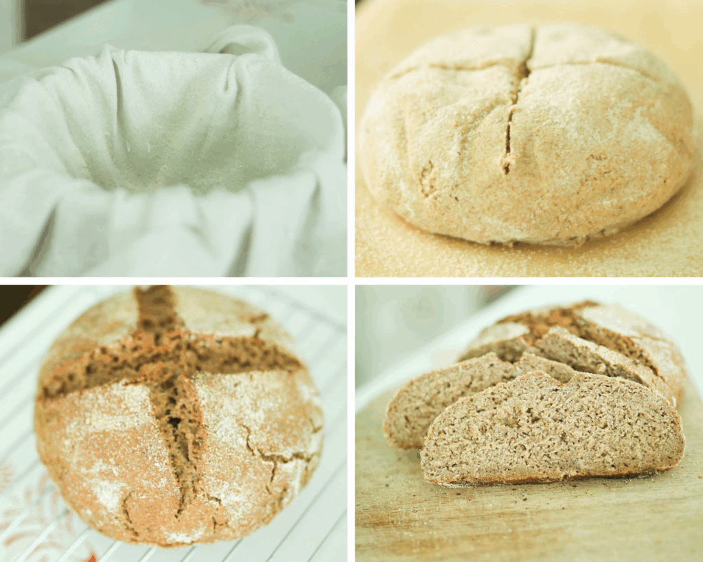 4 photo collage for shaping and baking the sourdough rye bread. 1. banneton basket lined with a linen cloth, 2. the dough on a piece of parchment paper scored on top in a cross hatch pattern, 3. the loaf just out of the oven on a wire rack, 4. the loaf sliced on a wood board.