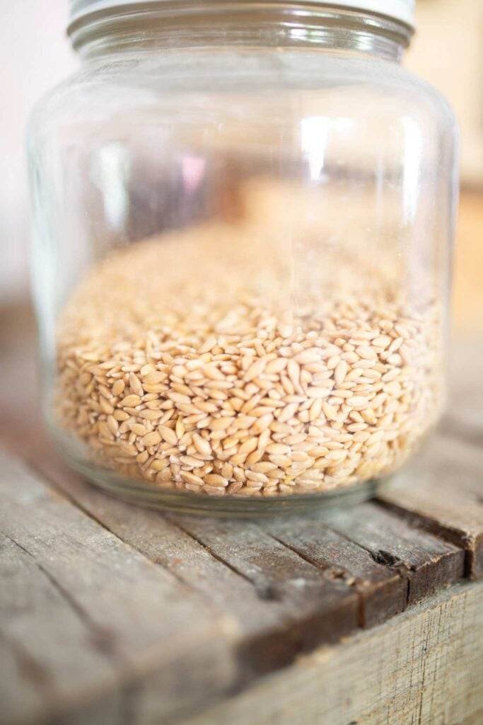 These are wheat berries in a glass jar with a grain mill blurred in the background.