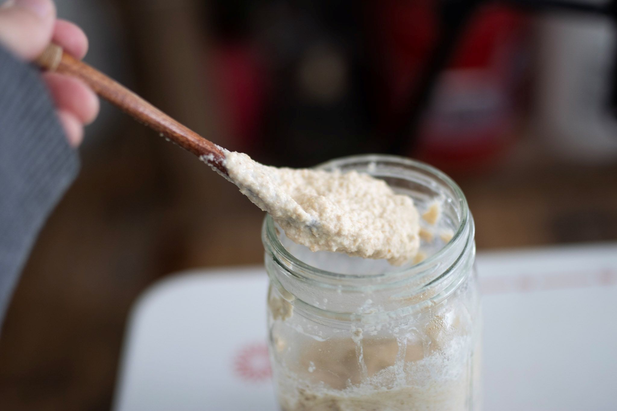 A hand is holding a wooden spoon with fresh milled sourdough starter on it.