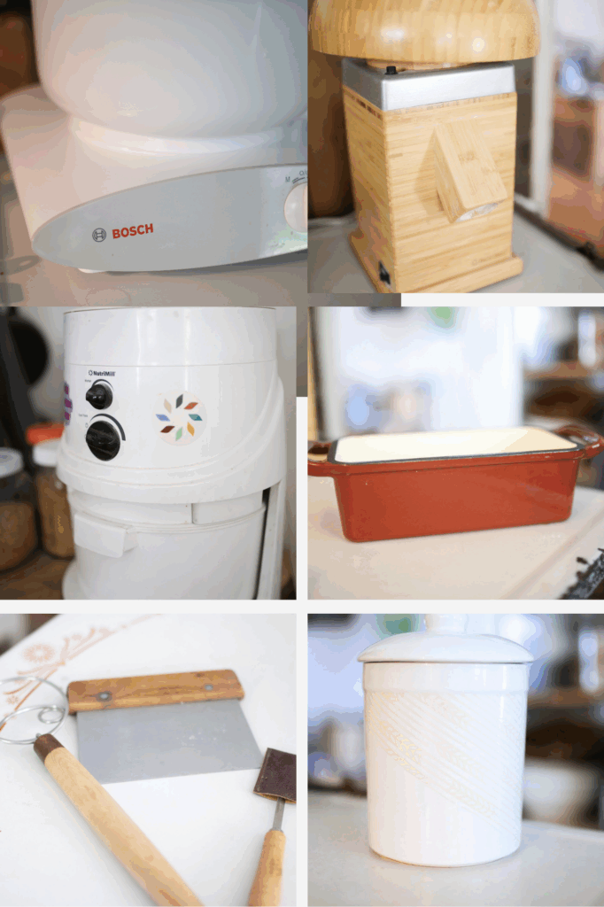 6 pics of my top tools for fresh milled sourdough. The top 2 are a wooden grain mill and a white grain mill, the next 2 are a red loaf pan, a dough whisk, a bench scraper, and a lame, the last 2 are a sourdough crock and a bosch mixer.