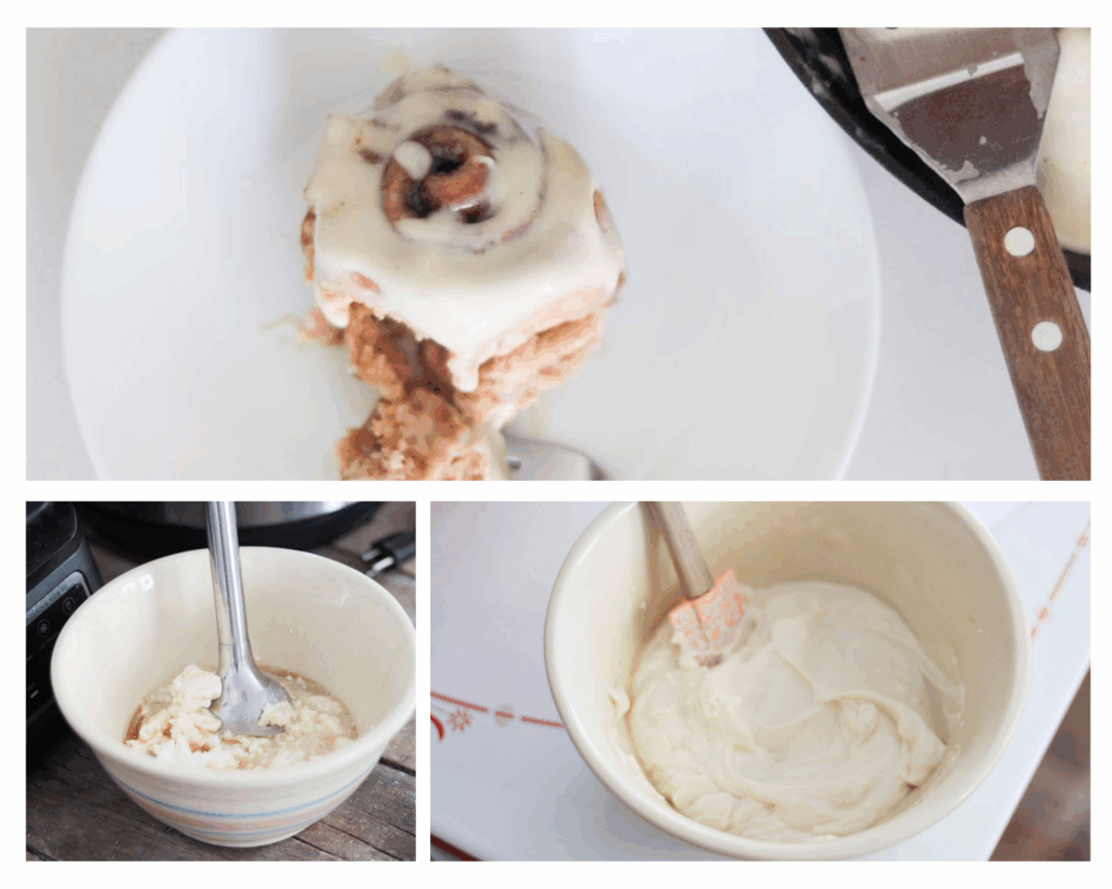 photo collage for fresh milled cinnamon rolls. 1. a cream cheese frosted cinnamon roll on a white plate with a for, 2. a cream colored bowl with cream cheese and maple syrup in it with an immersion blender in the bowl, 3. the cream bowl with the cream cheese frosting and a silicone spatula.